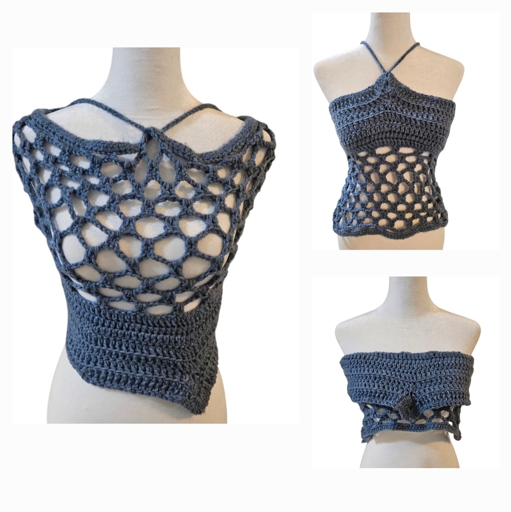 Handmade 4 ways Crochet Summer Top One-of-a-kind Blue Fishnet Bikini Crop-Top - Picture 5 of 17